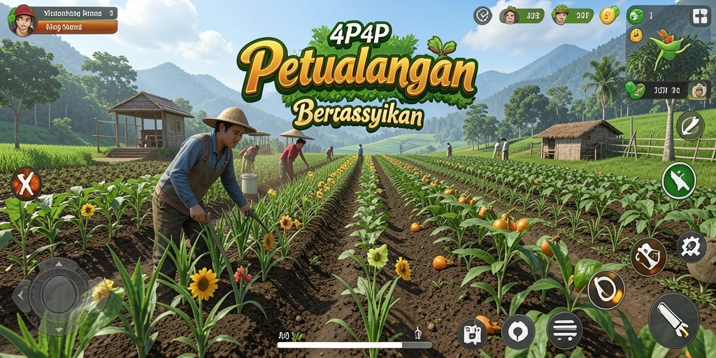 Tangkapan layar gameplay 4P4P yang menampilkan ladang subur dan hewan peliharaan.
