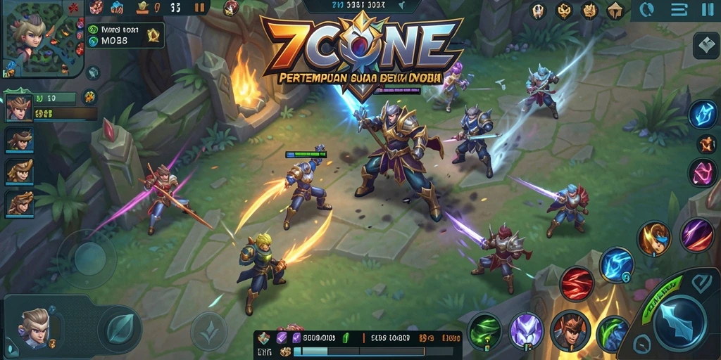 Tampilan gameplay seru dalam pertempuran tim MOBA di 7CONE.