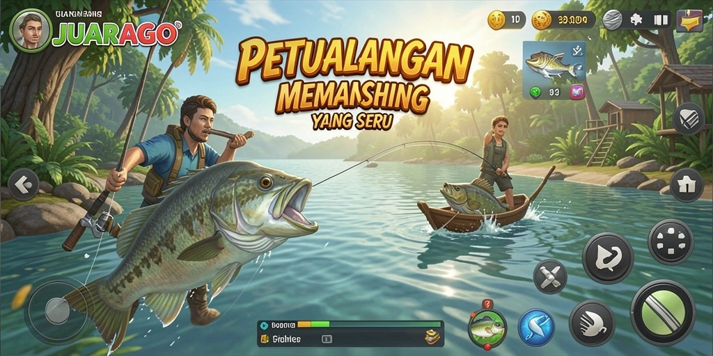 Tampilan gameplay JUARAGO menampilkan suasana memancing yang mendebarkan.