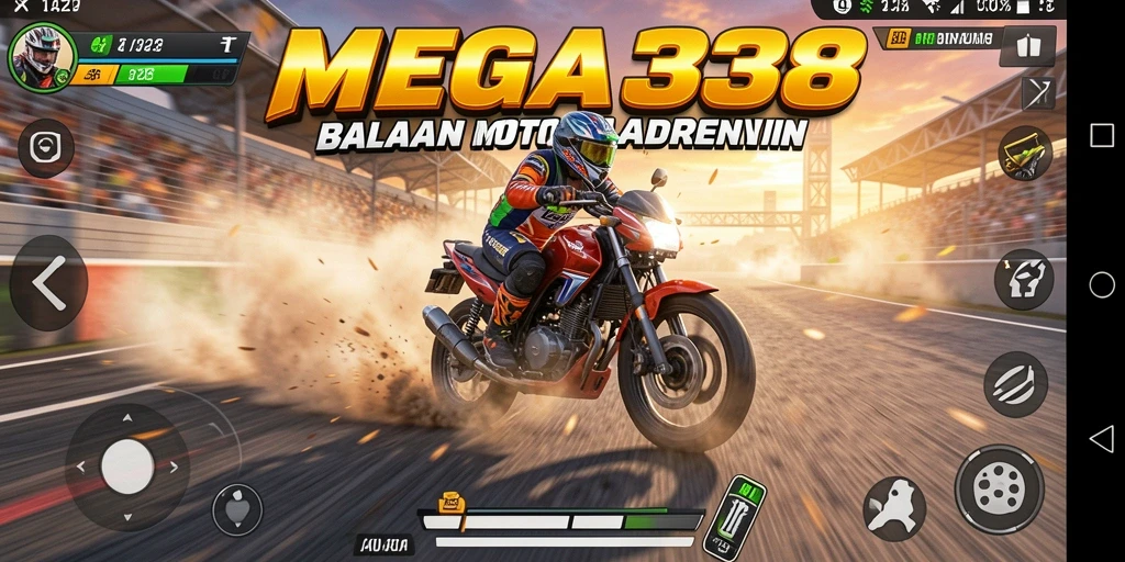 Screenshot dari gameplay balapan motor yang mendebarkan di MEGA338.