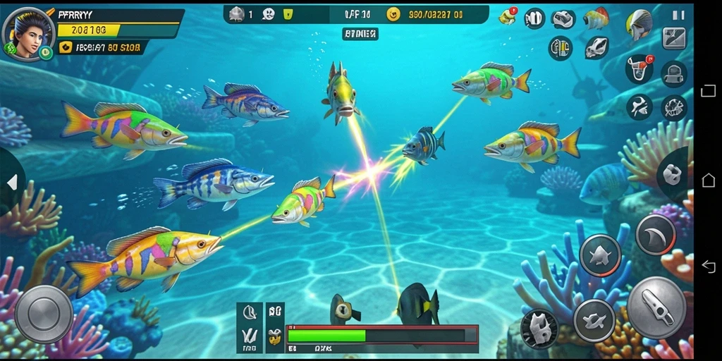 Screenshot gameplay PPRRYY menampilkan aksi menembak ikan.