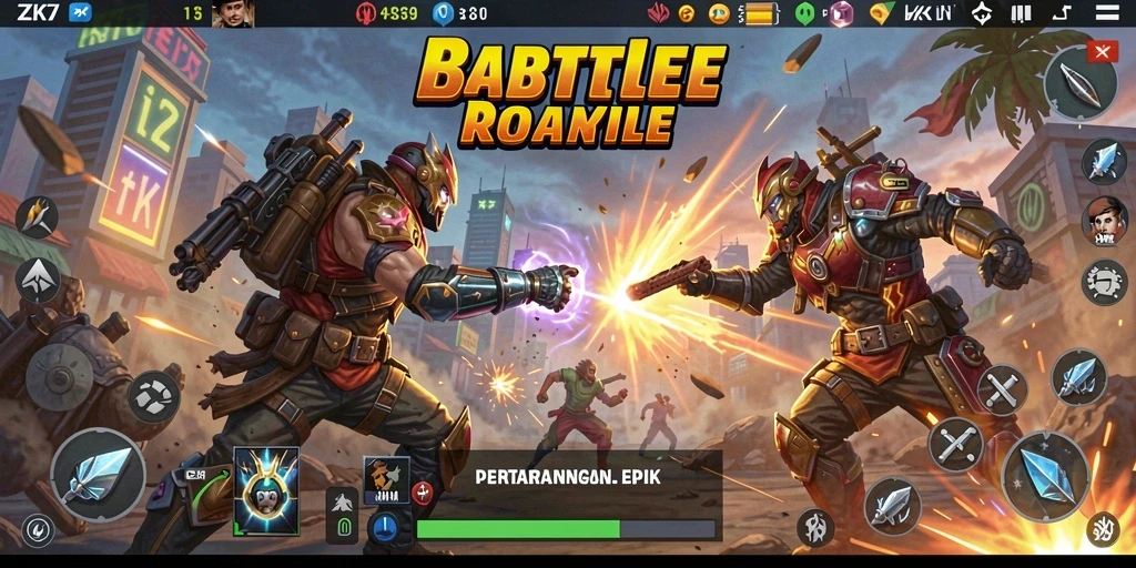 Screenshot gameplay ZK7 menampilkan pertempuran seru dengan berbagai senjata.